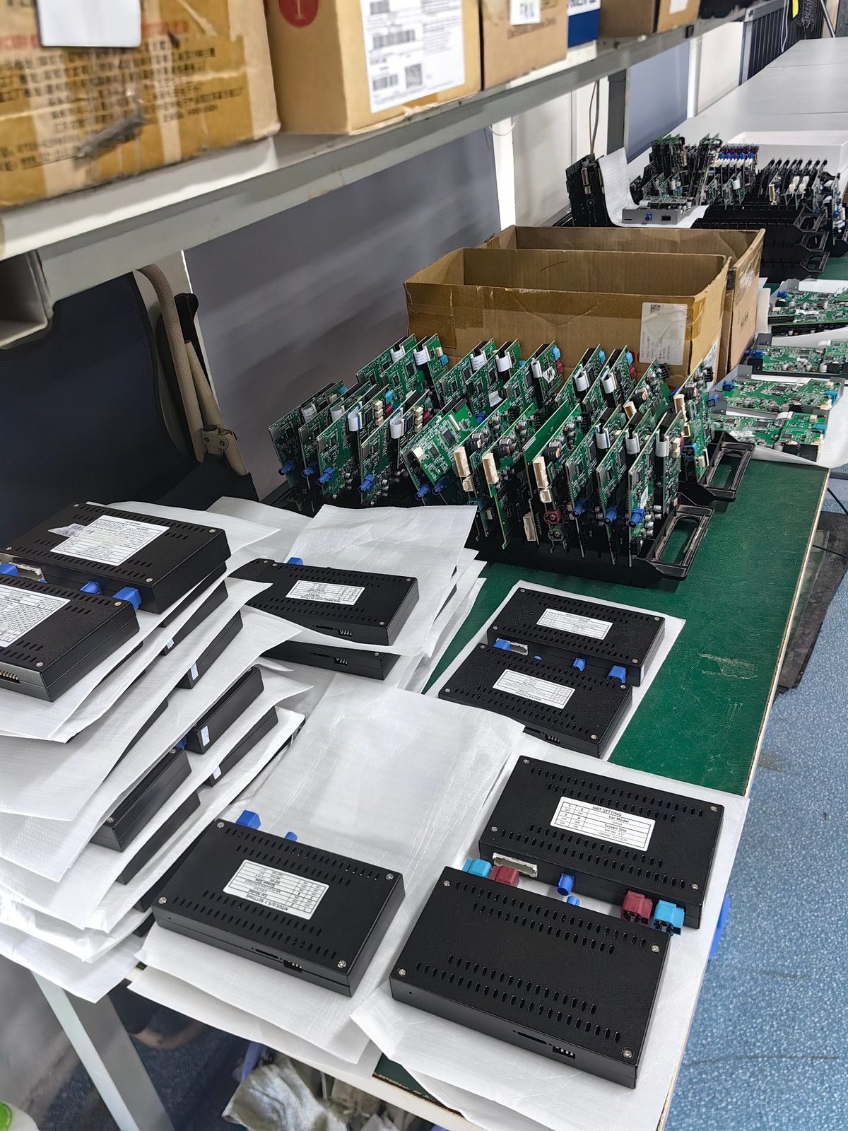 Finished interface units and circuit boards on the production line