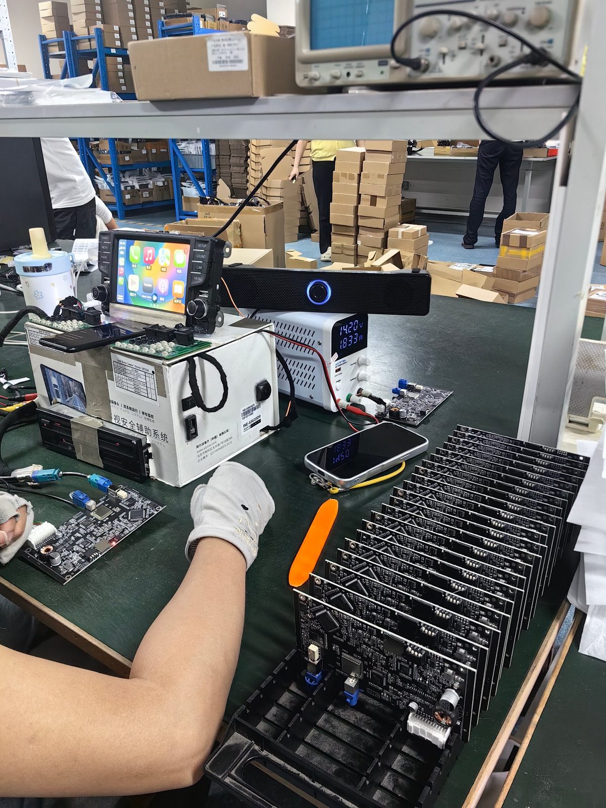 Batch of assembled PCBAs ready for testing