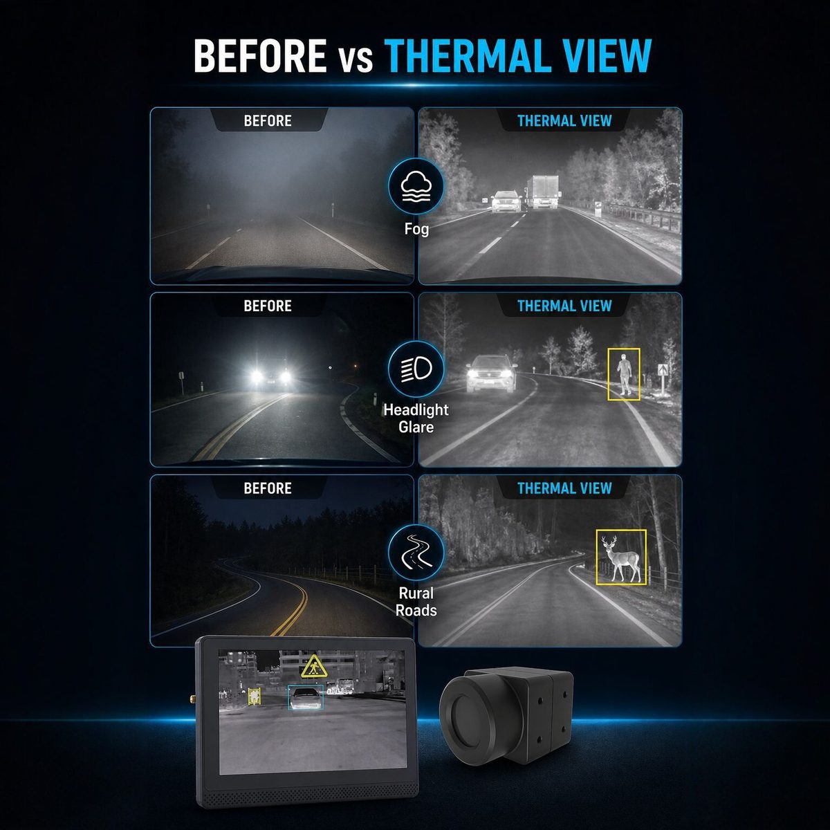 Before vs thermal view — fog, headlight glare and rural roads